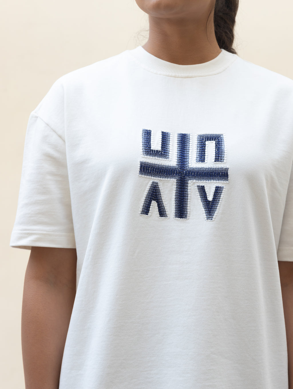 Kantha Embroidered T-Shirt - Pearl White