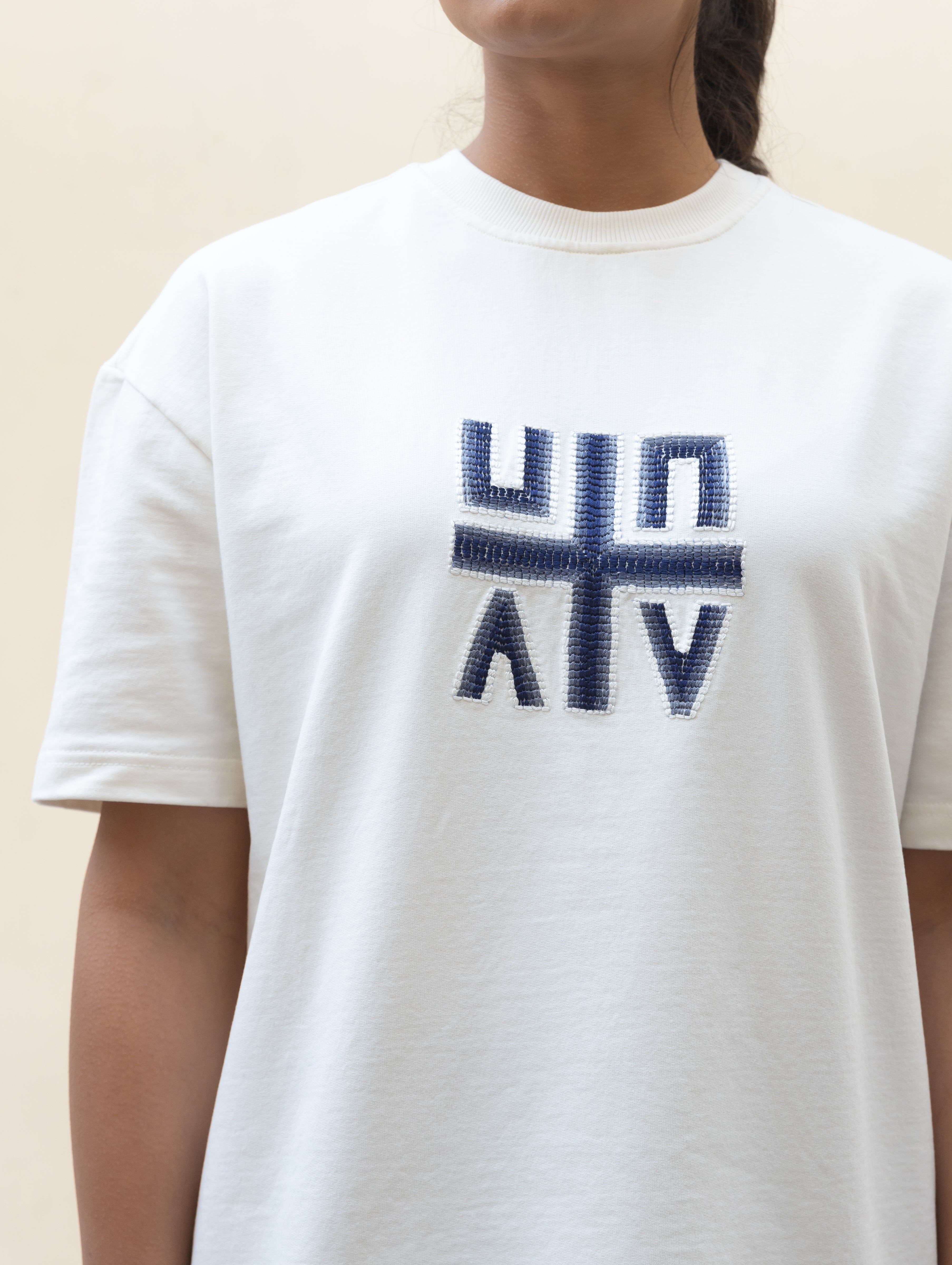Kantha Embroidered T-Shirt - Pearl White