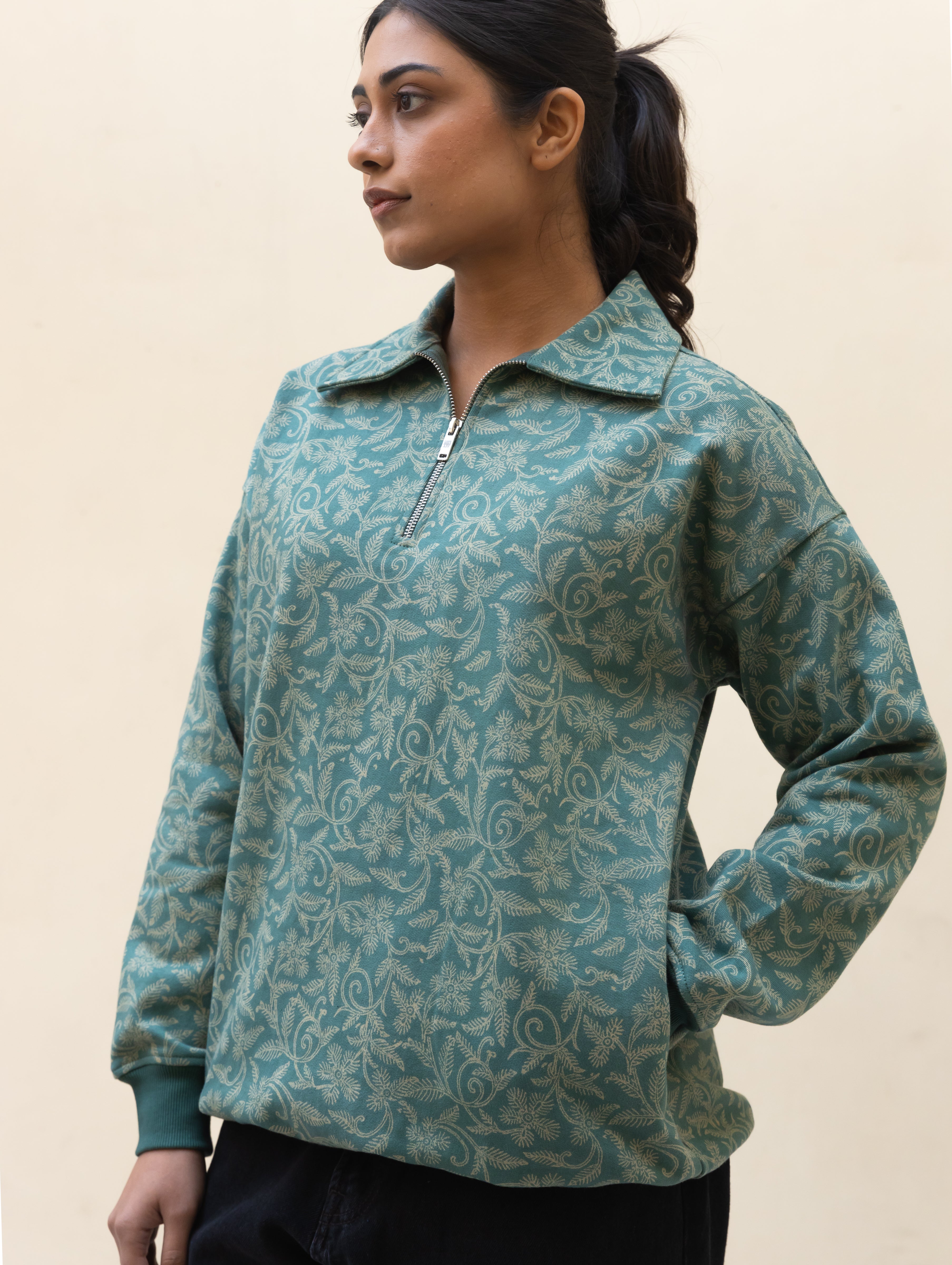 Floral Green Quarter Zip