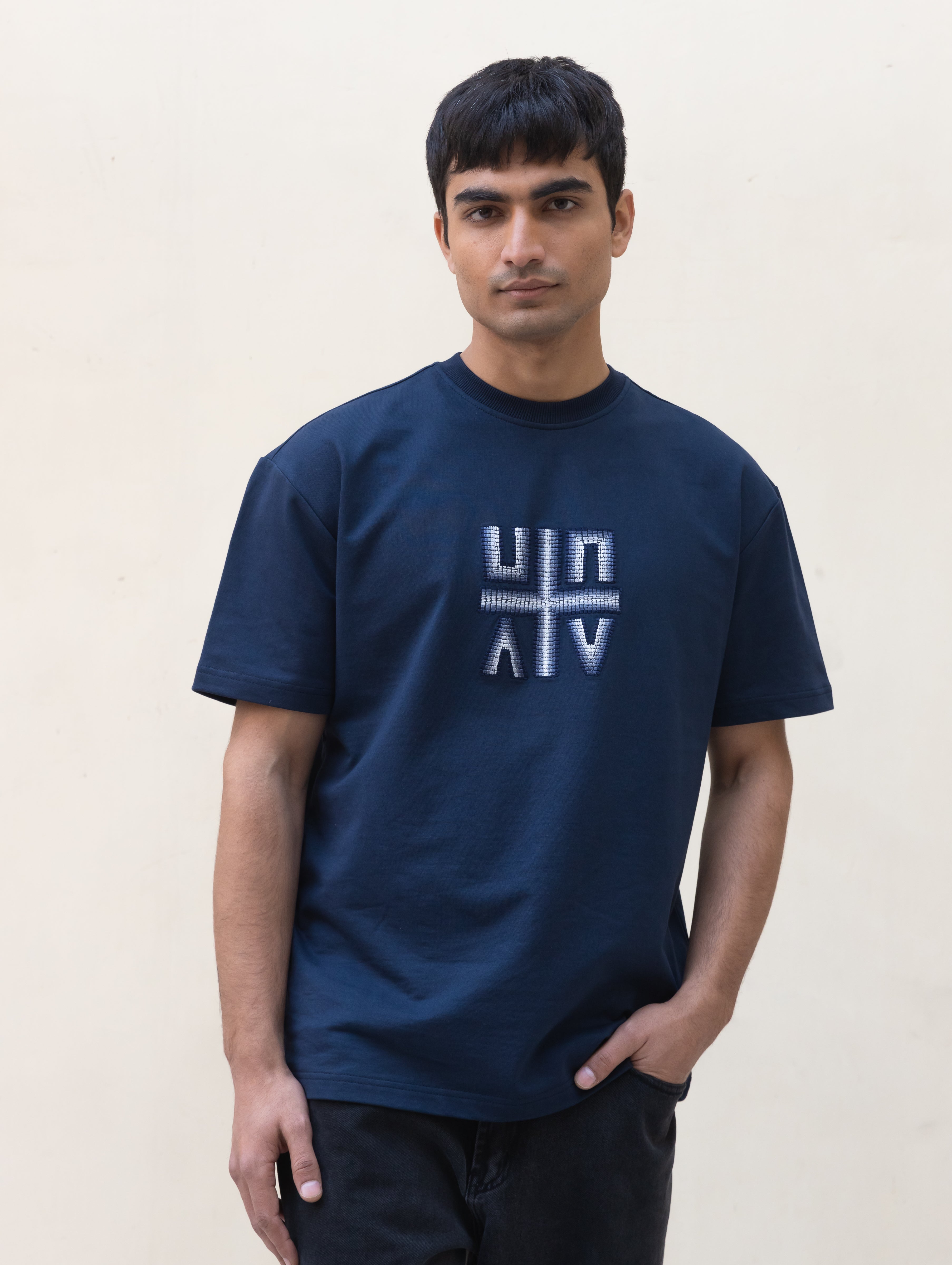 Kantha Embroidered T-Shirt - Navy